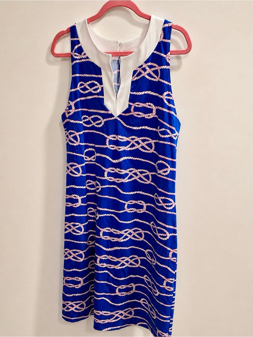 Sleeveless Blue Midi Dress with Pink Rope Print and White V-Neck Trim